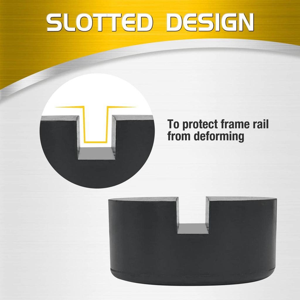 Black U-shaped rubber jack pad with slotted top to help protect frame rails