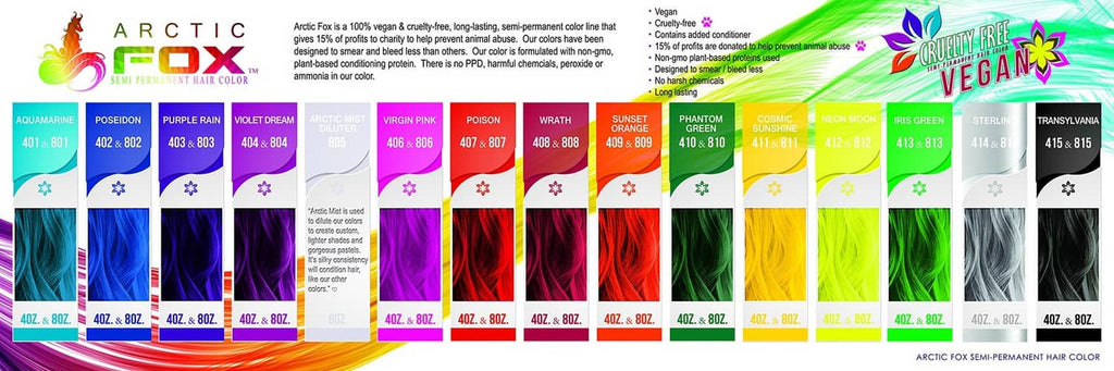 ARCTIC FOX shade chart with bright yellow hair dye options, Cosmic Sunshine highlighted