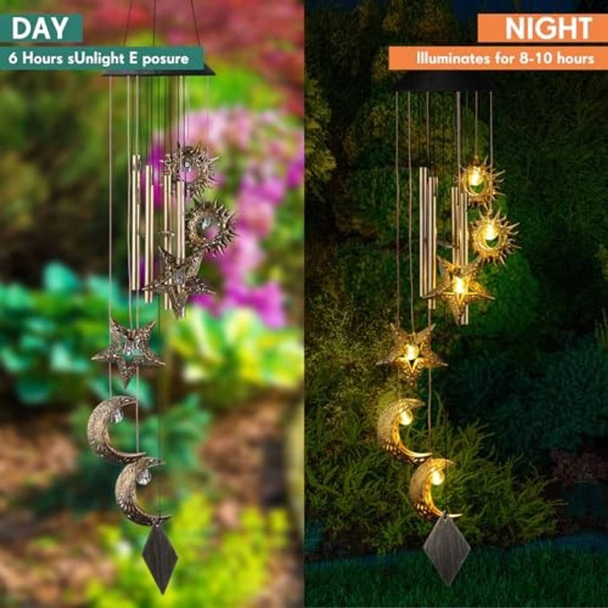 Outdoor solar wind chime with warm glowing star, sun, and crescent moon ornaments
