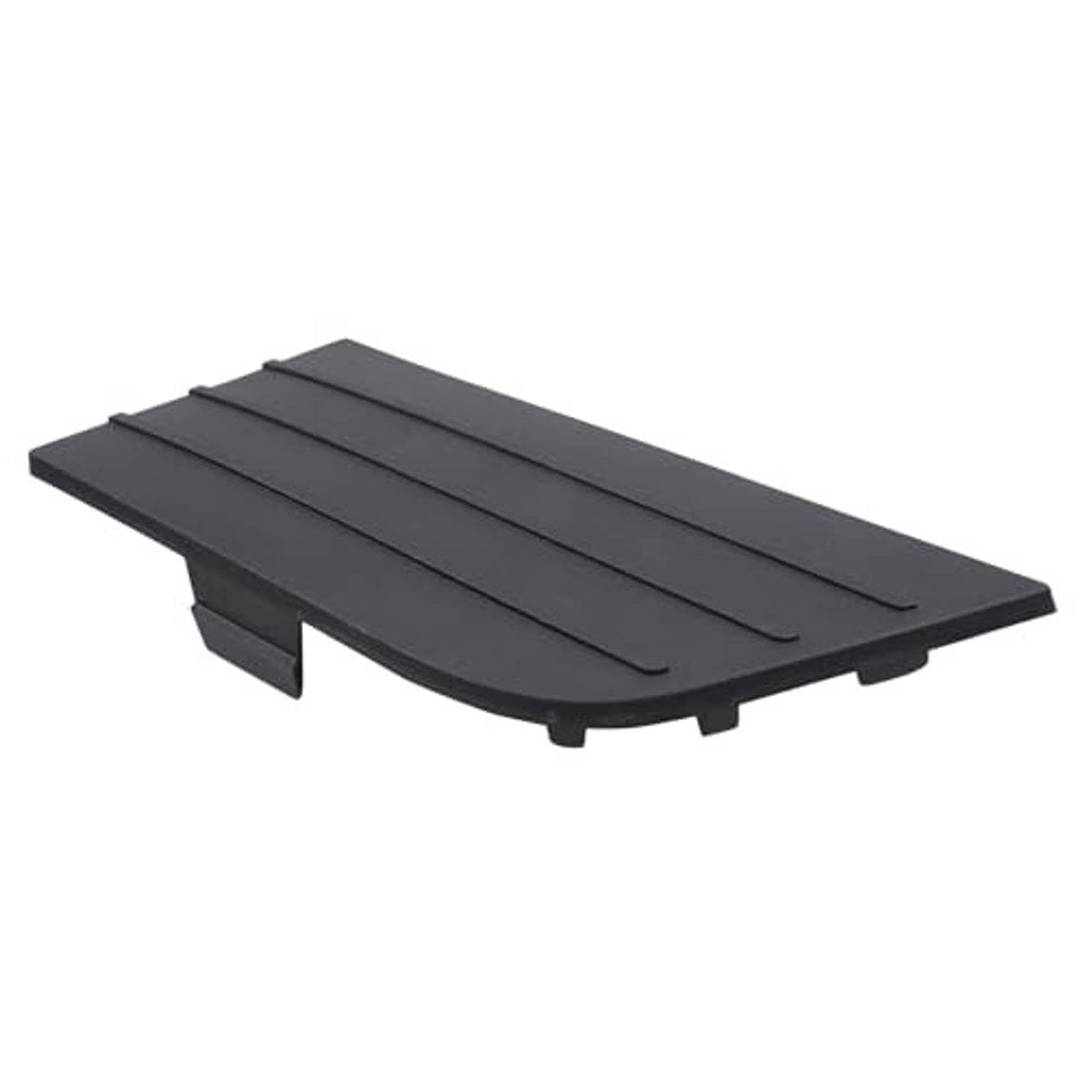 Black bumper grille hole cover with mounting tabs on underside, driver side slats