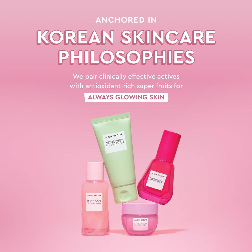 Skincare set with pink and red bottles plus smaller travel-size blur drops