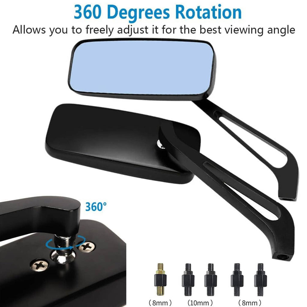 Rectangular motorcycle rearview mirror pair on black mounts with wide angle tilt