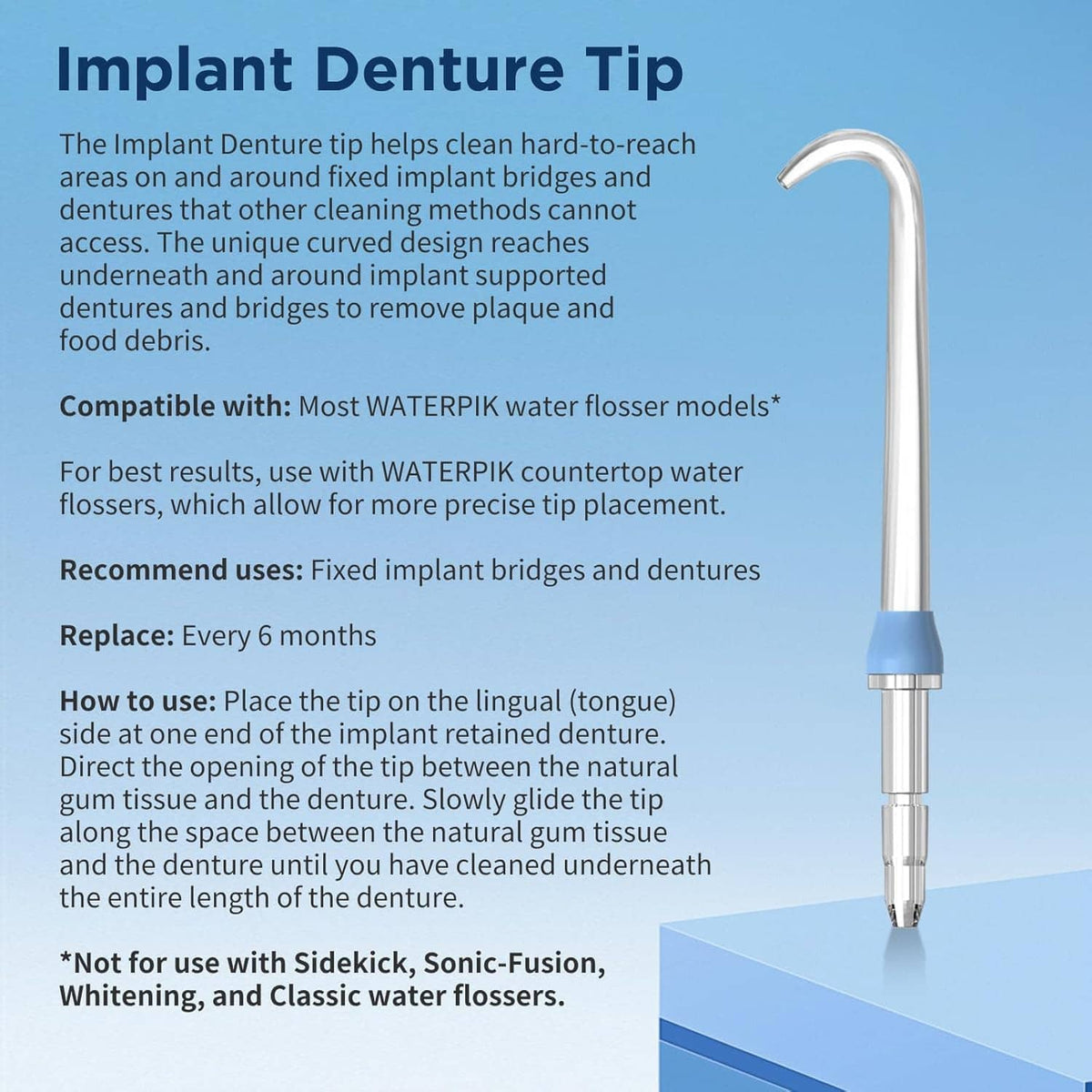 Implant denture water flosser tip with long metal nozzle and clear connector