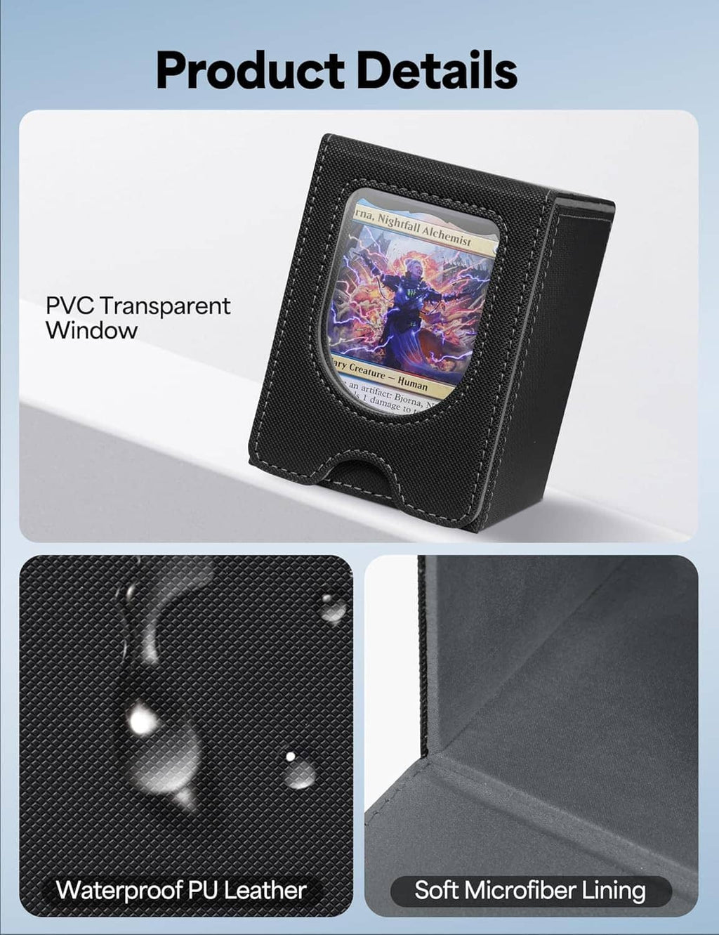 Black card deck box detail view with transparent PVC card window and textured exterior