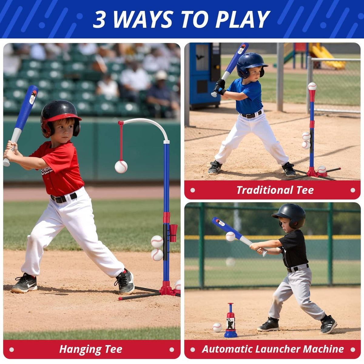 Kids baseball tee stand with blue/red pole and hanging tee; white balls shown