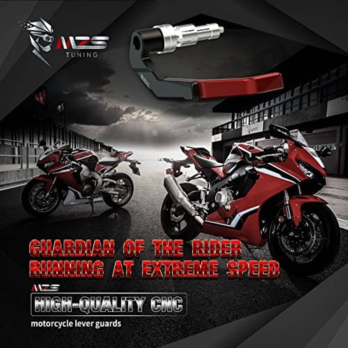 Single red-and-black CNC motorcycle lever guard with silver bar-end caps.