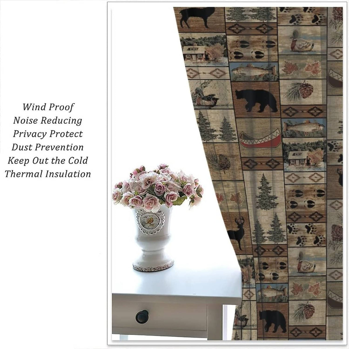 Rustic forest and wildlife print curtain panel with visible bottom edge and folds