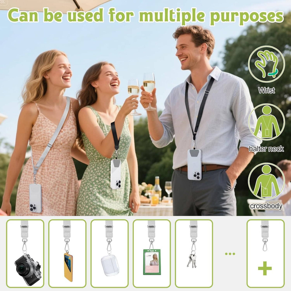 Phone lanyard straps for multiple carry styles, including wrist, crossbody, and neck