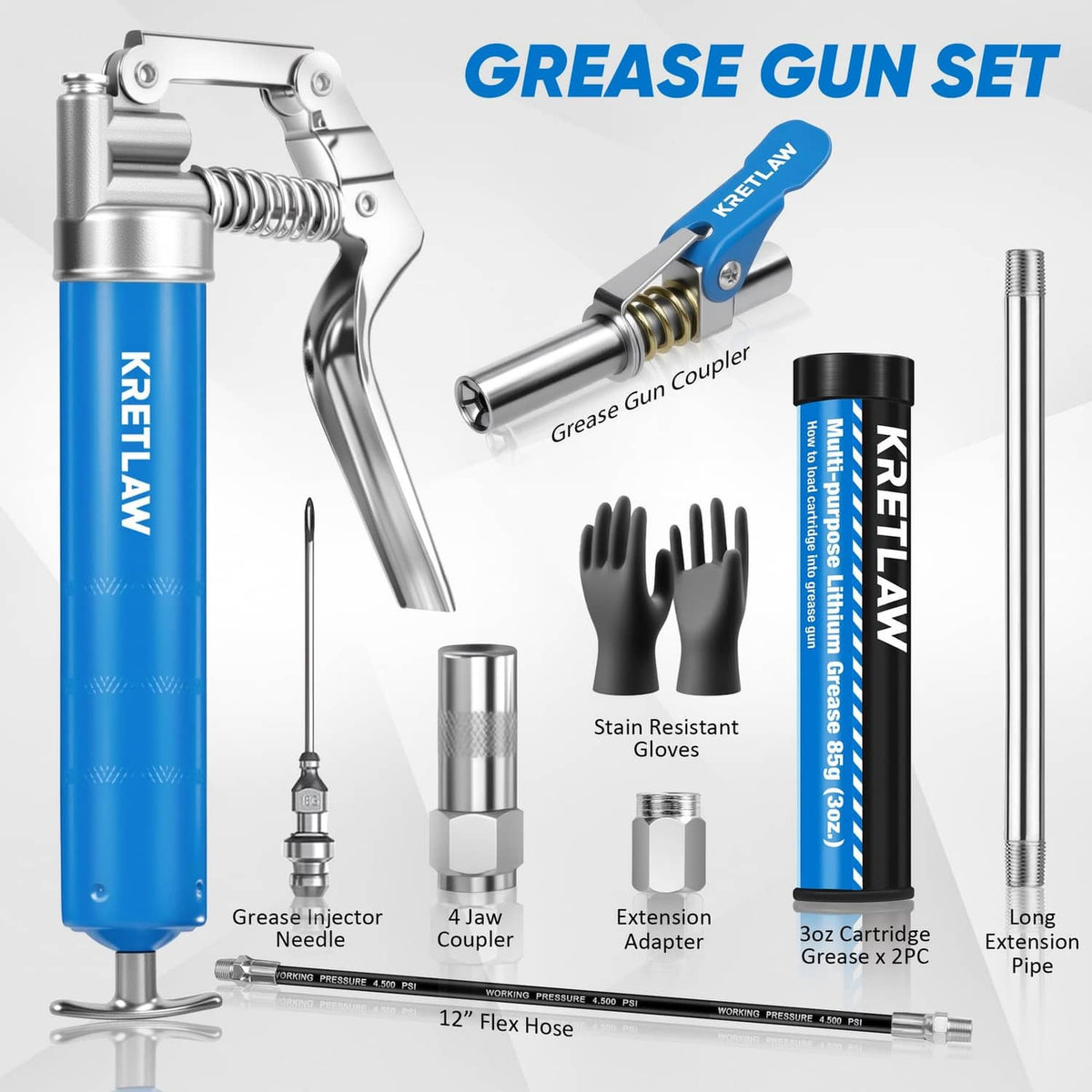 Blue grease gun set with injector needle, 12 in flex hose, cartridge and gloves