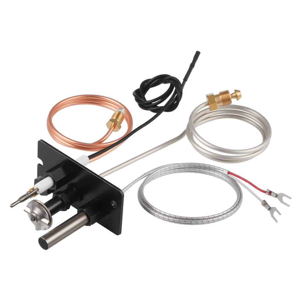 Natural gas pilot ignition assembly with black mounting bracket, copper tubing, and wire leads
