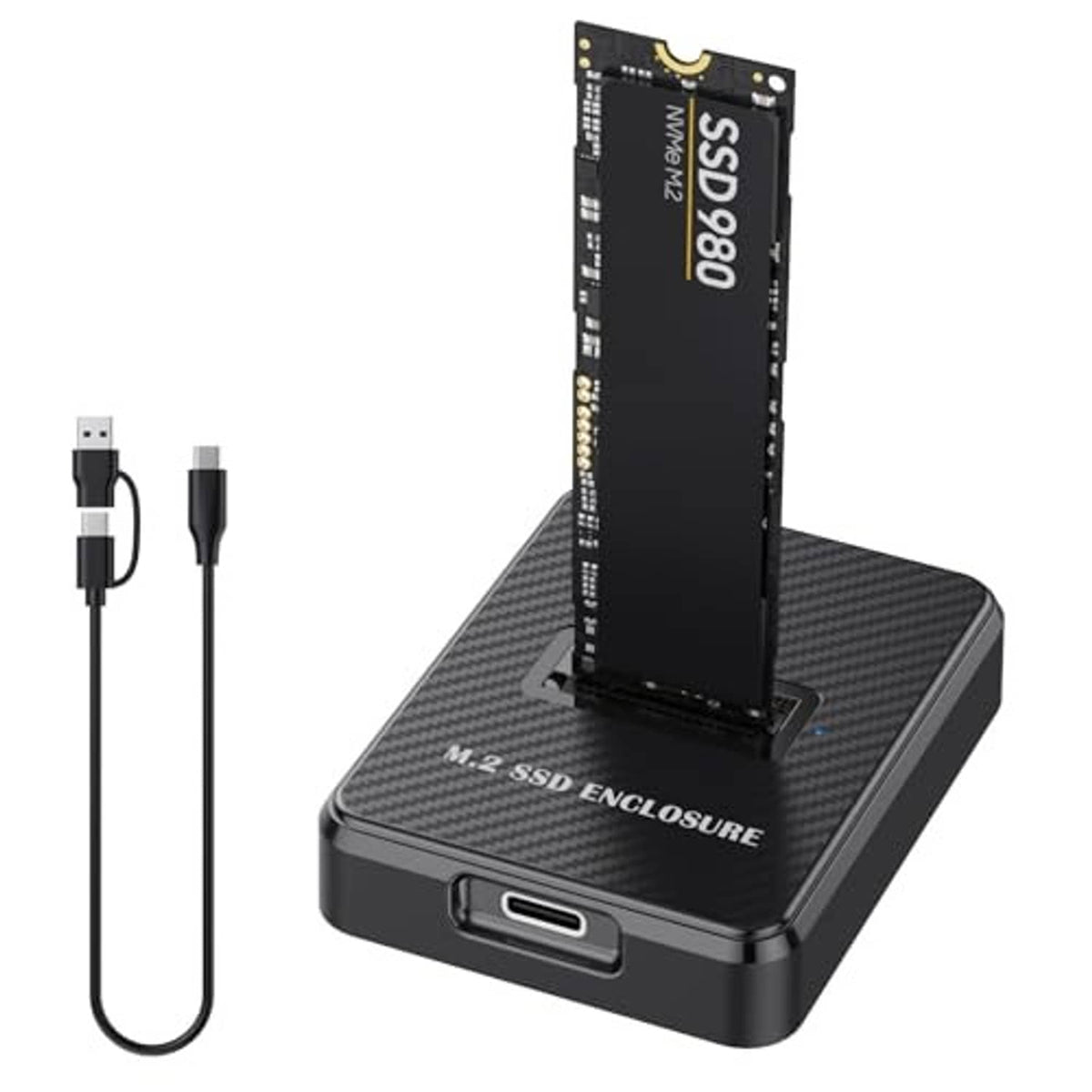 Black M.2 NVMe SSD enclosure with inserted card and USB-C/USB cable