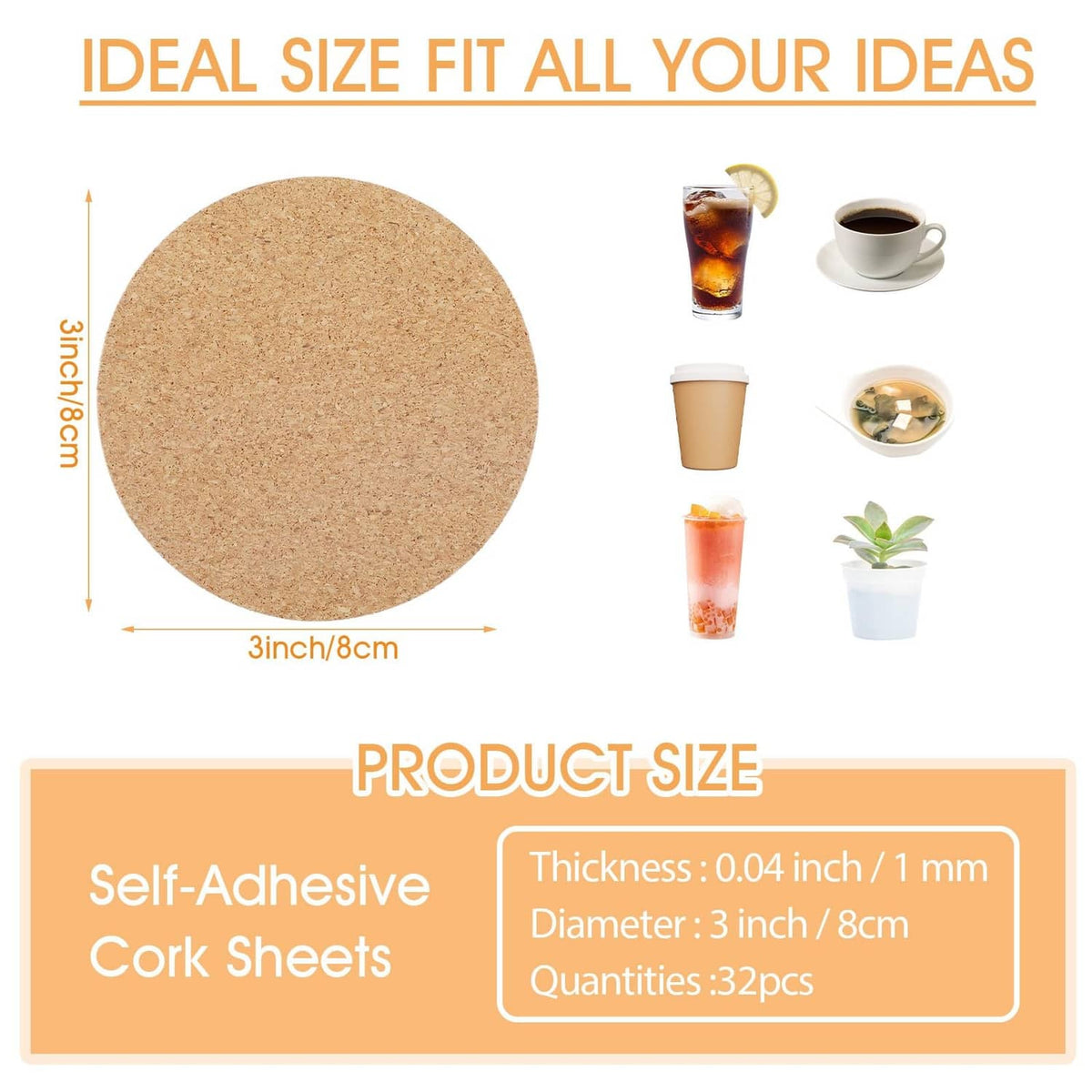 Self-adhesive cork round sheet, large beige circle with stacking shown