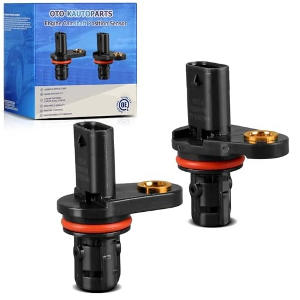 Camshaft position sensor with black housing, orange seal, and gold electrical terminal