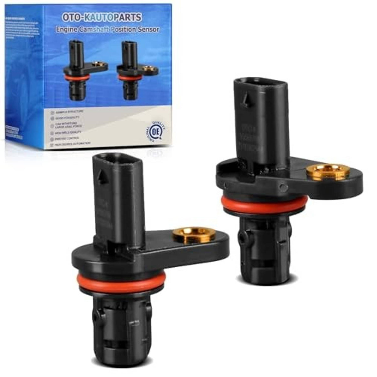 Camshaft position sensor with black housing, orange seal, and gold electrical terminal