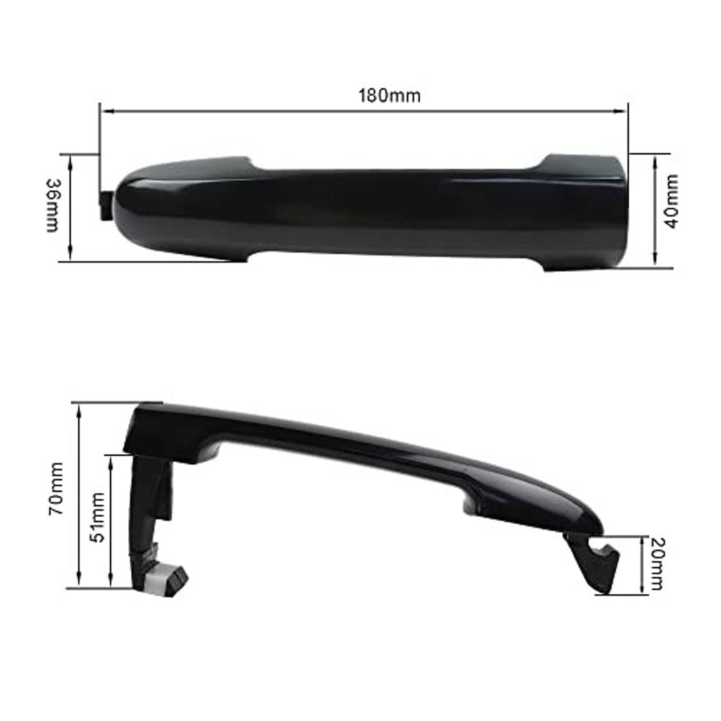 Black exterior door handle with mounting tabs; side profile and labeled dimensions.