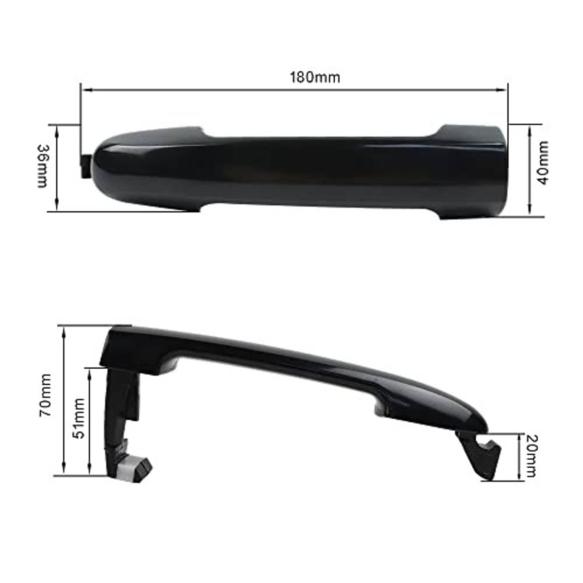 Black exterior door handle with mounting tabs; side profile and labeled dimensions.