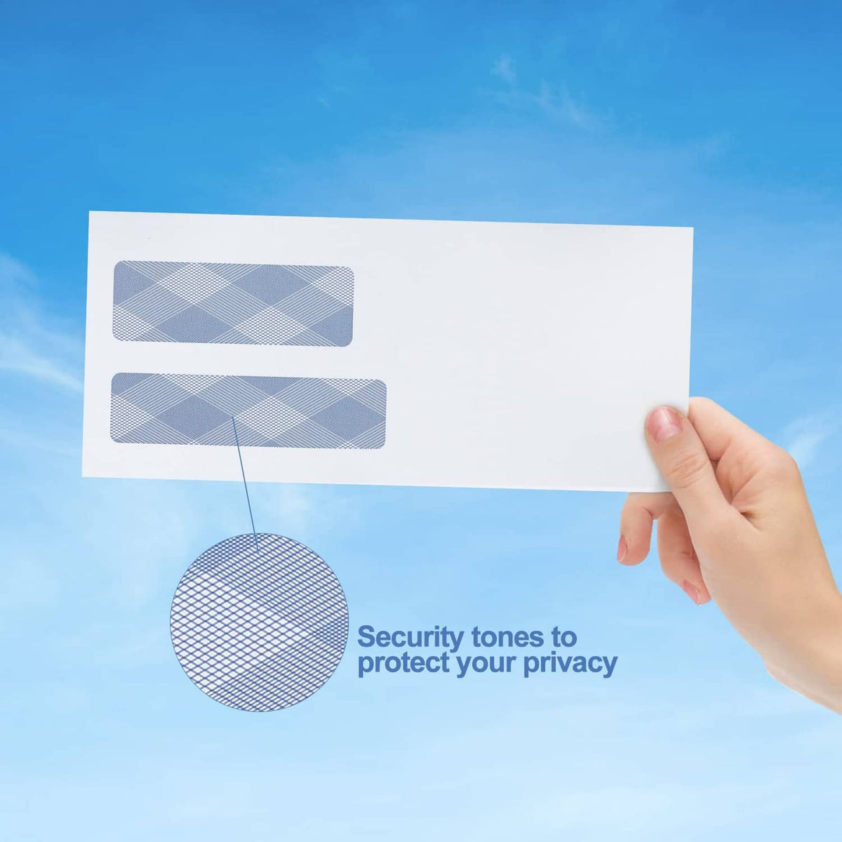 Self-seal privacy envelope with two windows and security pattern, held in hand