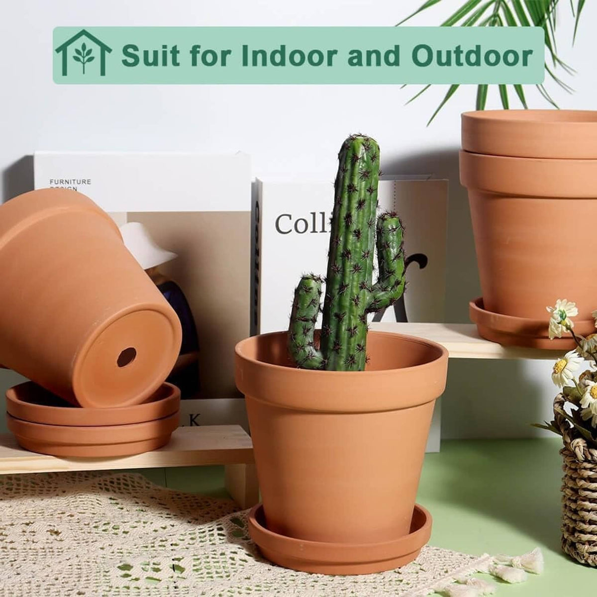 Terracotta 6-inch plant pot with saucer, shown with stacked pots