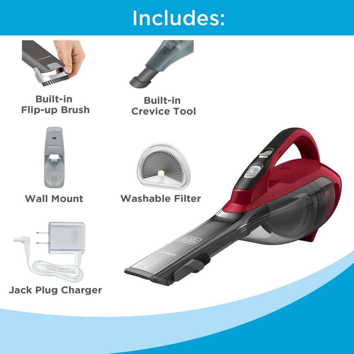 Cordless handheld vacuum with red handle, clear bagless dirt bowl, and crevice tool