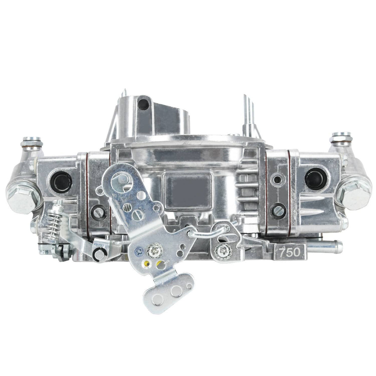 4-barrel carburetor assembly with silver metal housing and mounting hardware