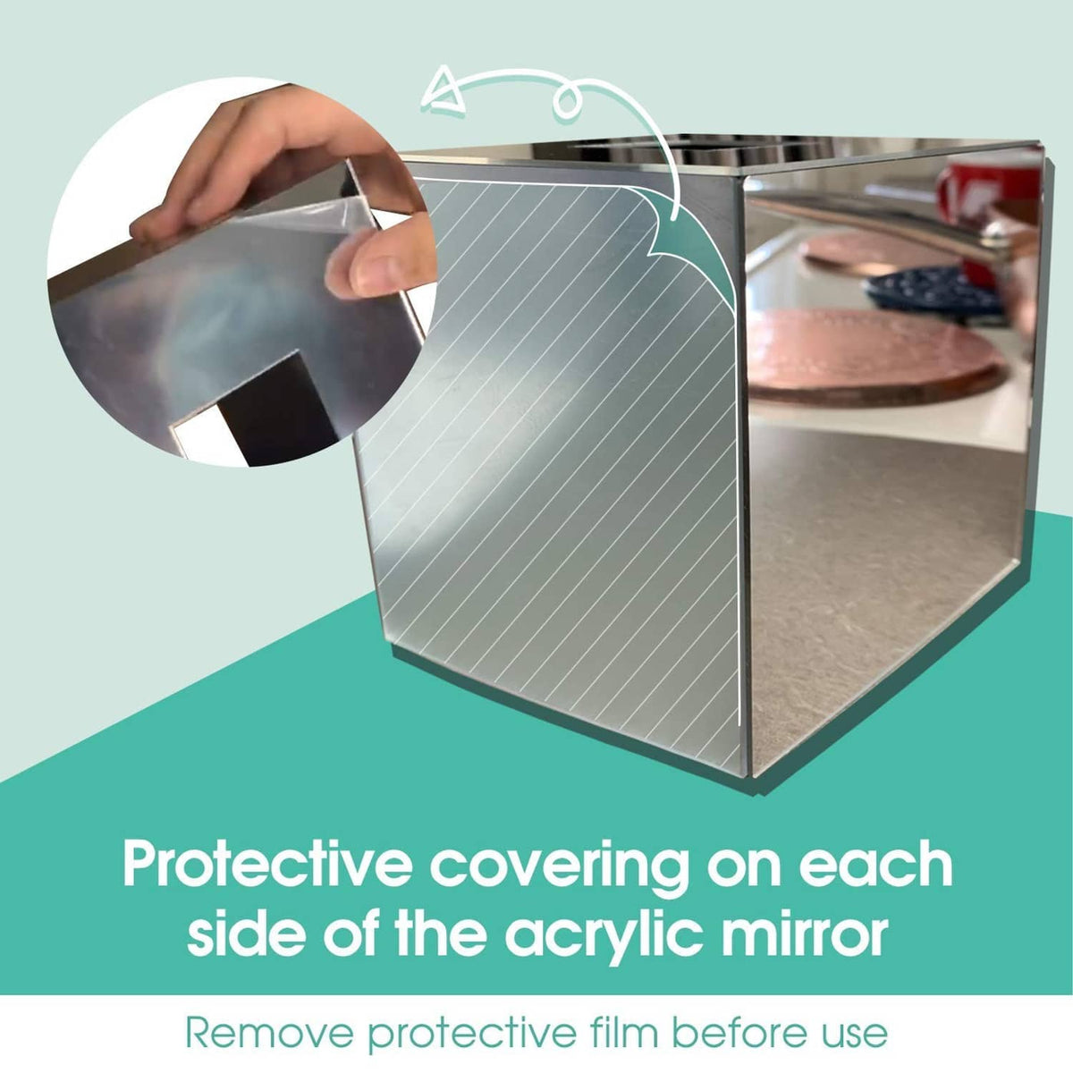 Square acrylic mirror tissue box cover with protective film removed from the sides