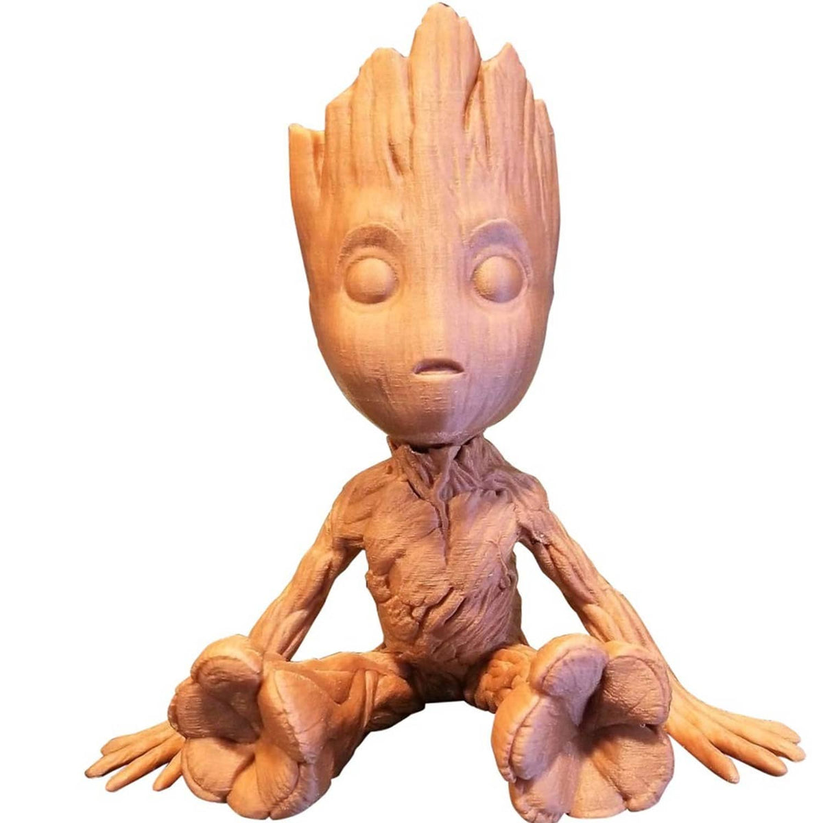 Wooden humanoid character figurine with purple accents, light wood finish