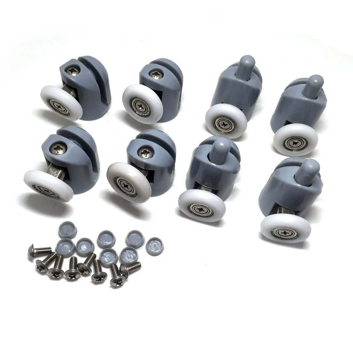 Gray shower door rollers with white wheels and screws, set of 8