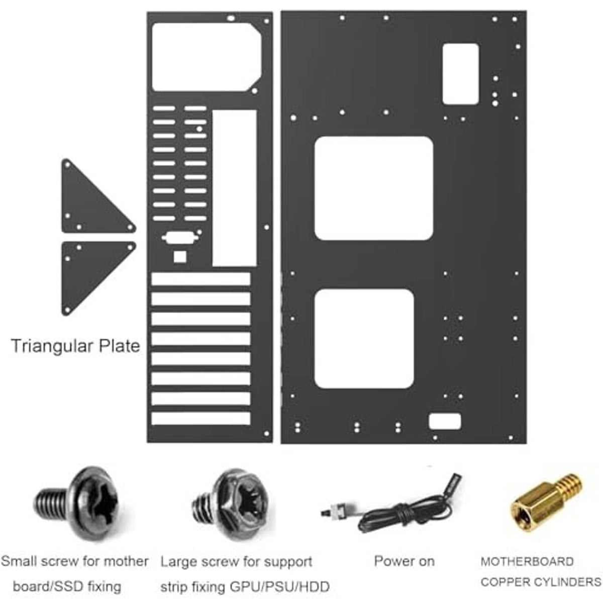 DIY computer case mounting plates with screws, power-on cable, and motherboard standoffs