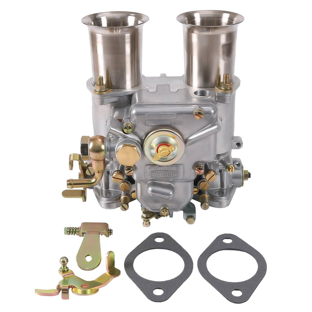 Twin-choke carburetor kit with gaskets and brass linkage, top-front view