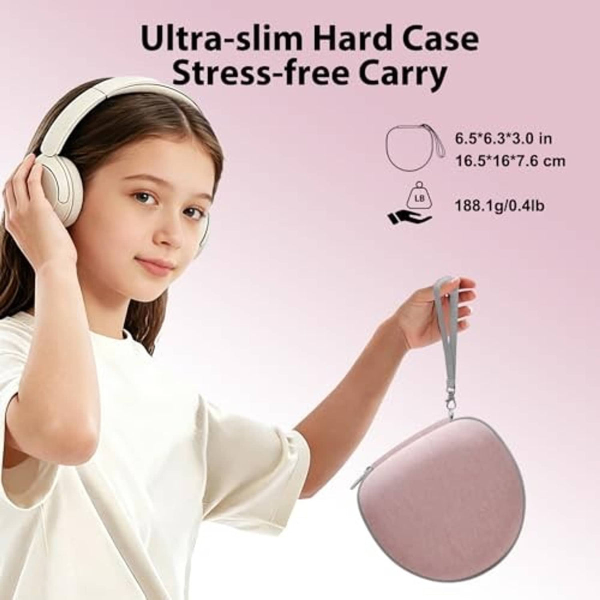Pink slim kids headphone hard case with zipper and carry strap, shown held by a child.