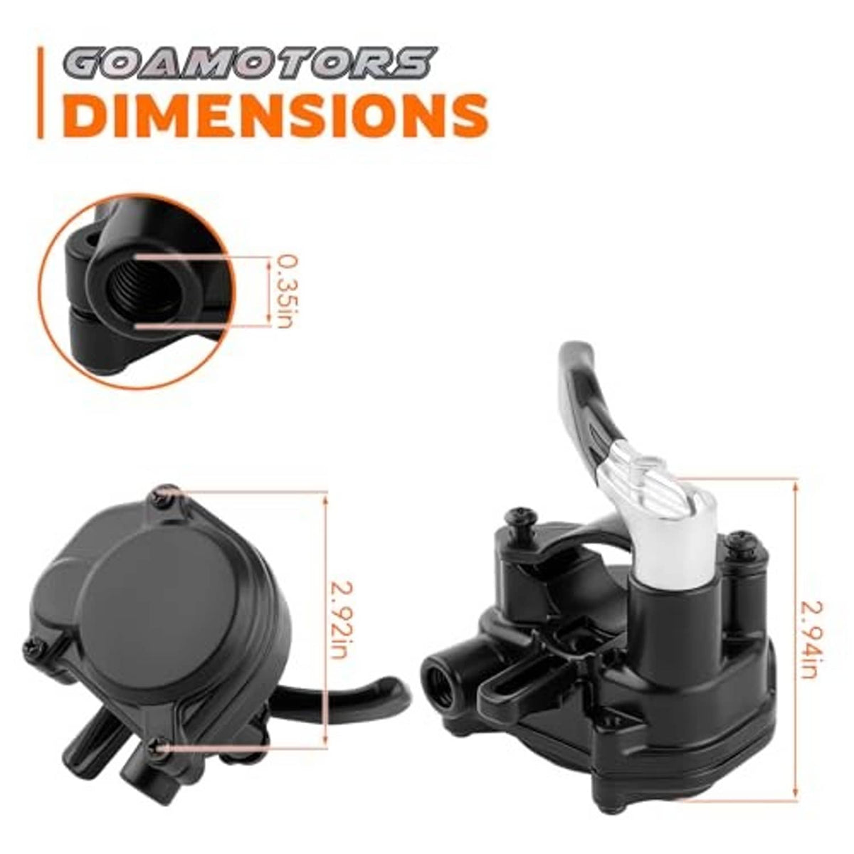 Thumb throttle assembly with black cover and silver lever, shown with size lines.