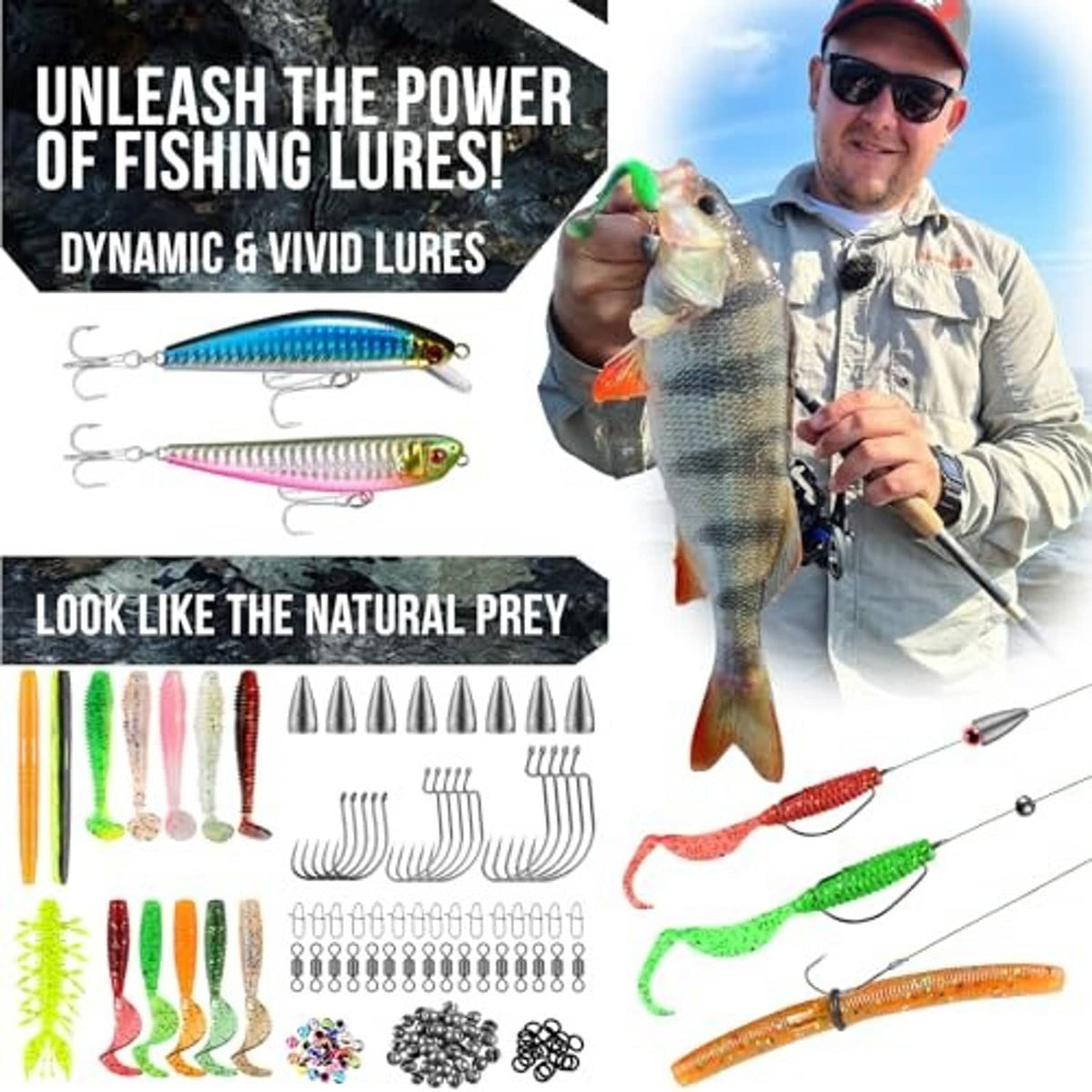 Fishing lure and hook accessory set with colorful artificial baits