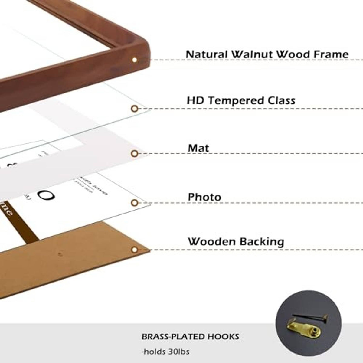 Walnut photo frame with tempered glass, mat, wooden backing, brass hooks