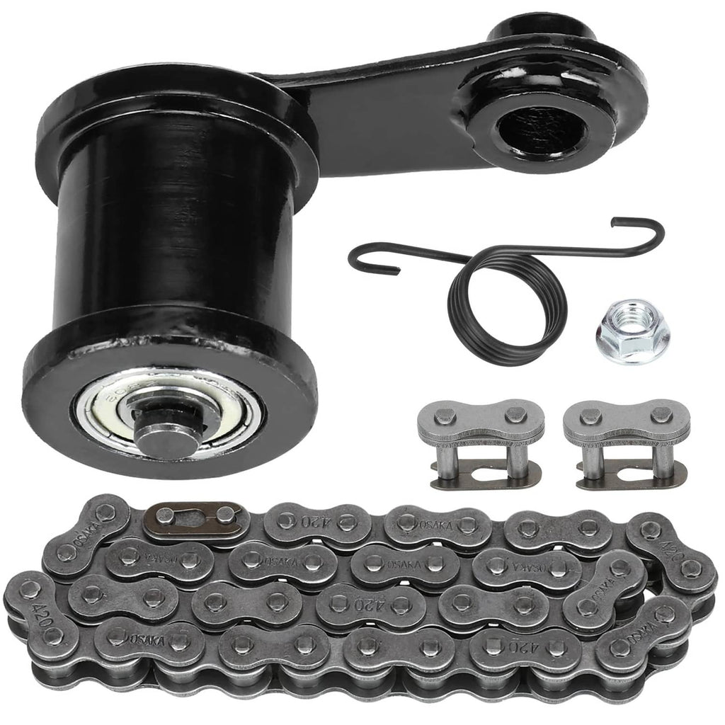Black chain tensioner roller assembly with spring, nuts, brackets, and drive chain