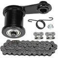 Black chain tensioner roller assembly with spring, nuts, brackets, and drive chain