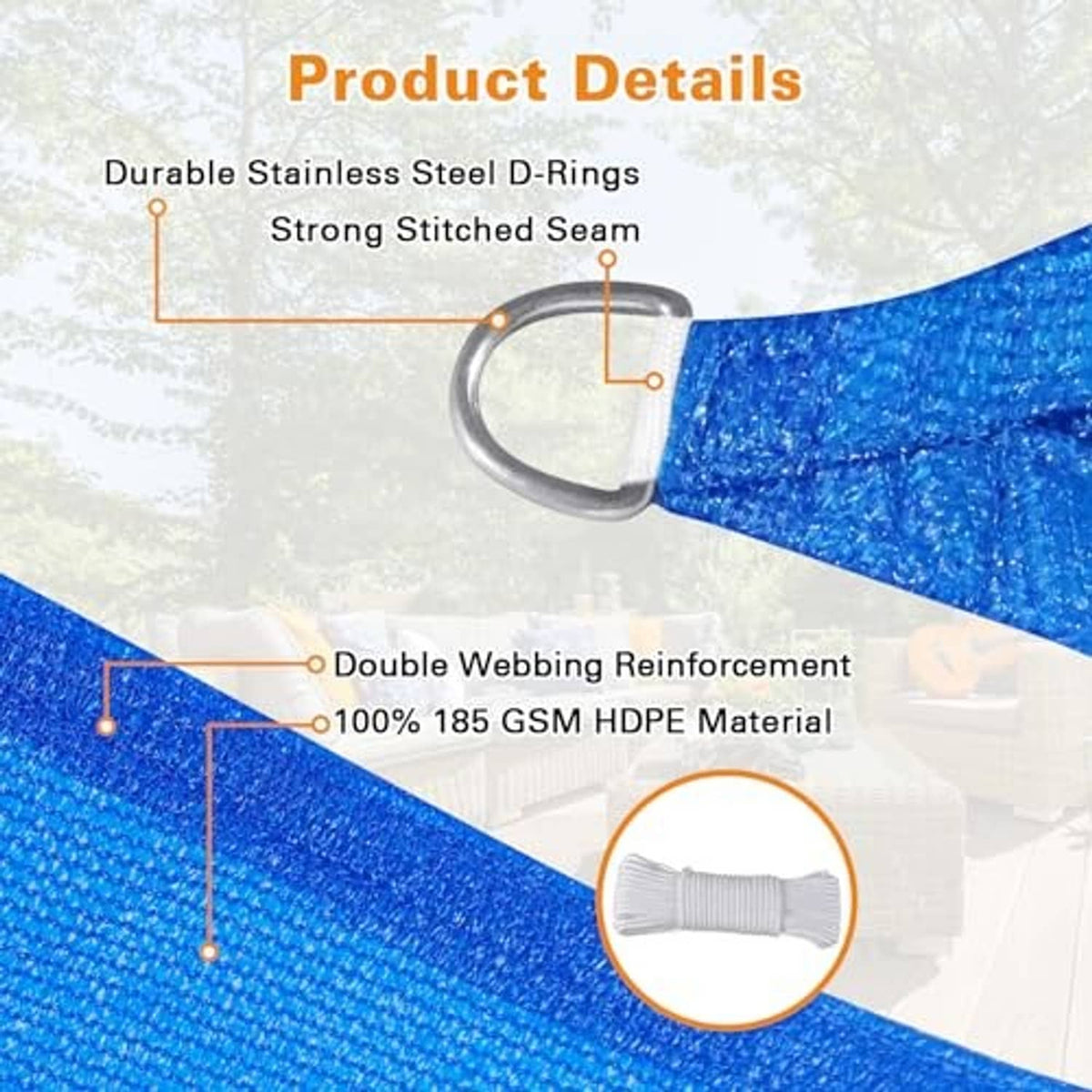 Blue sun shade sail detail showing stitched seams and stainless steel D-ring grommets.