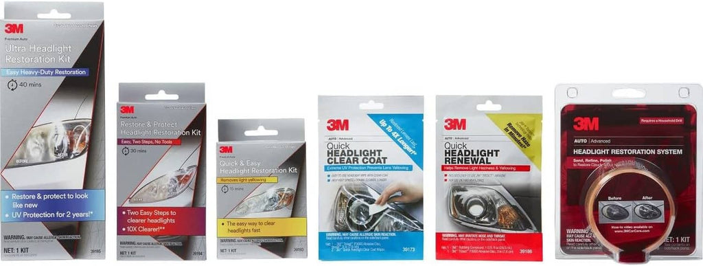 3M headlight restoration kit retail boxes, including Restore & Protect packaging set