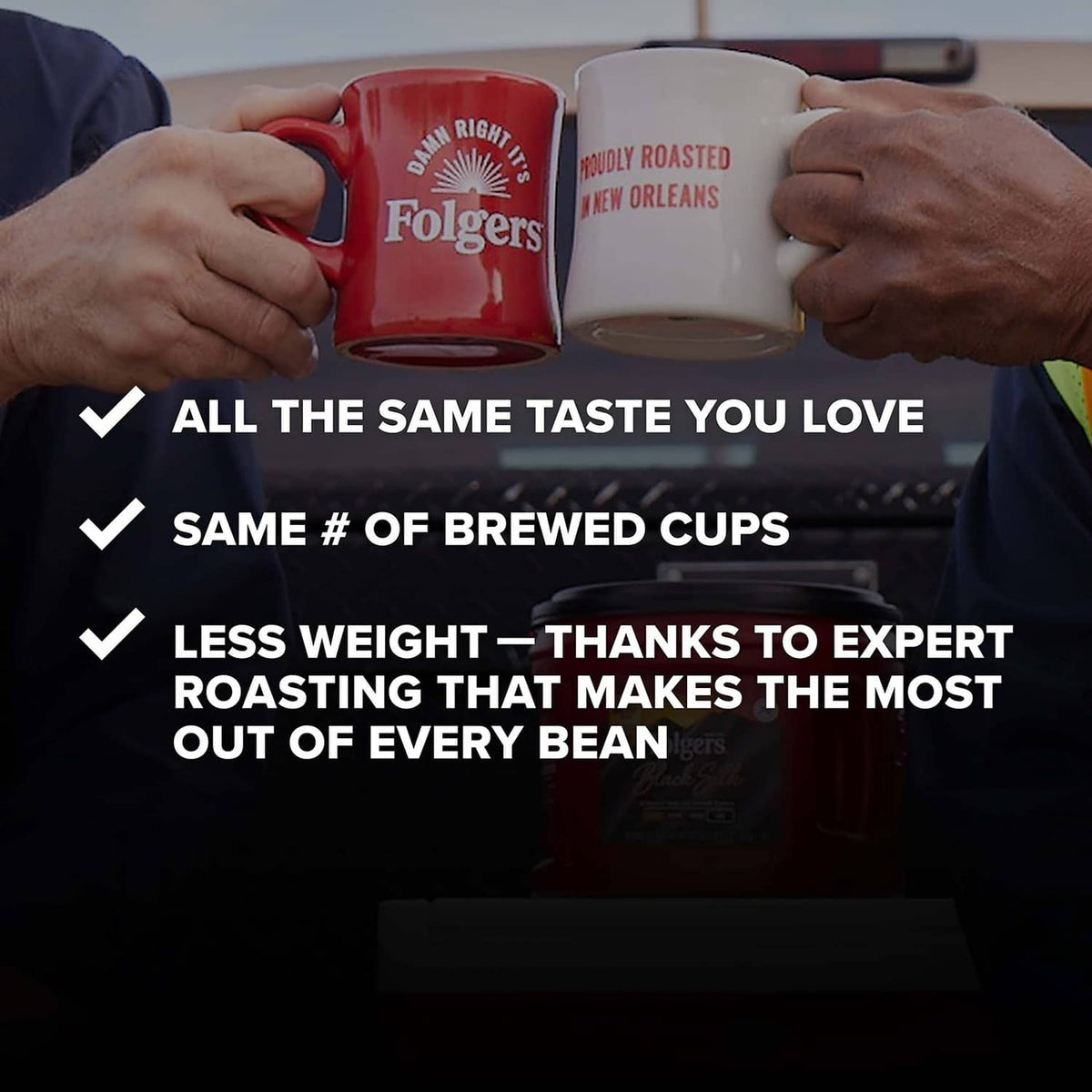 Folgers Half Caff cups held in hands with promotional text on screen