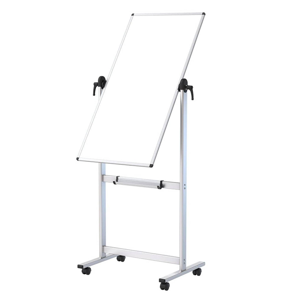 Mobile magnetic whiteboard with tilt stand and caster wheels.