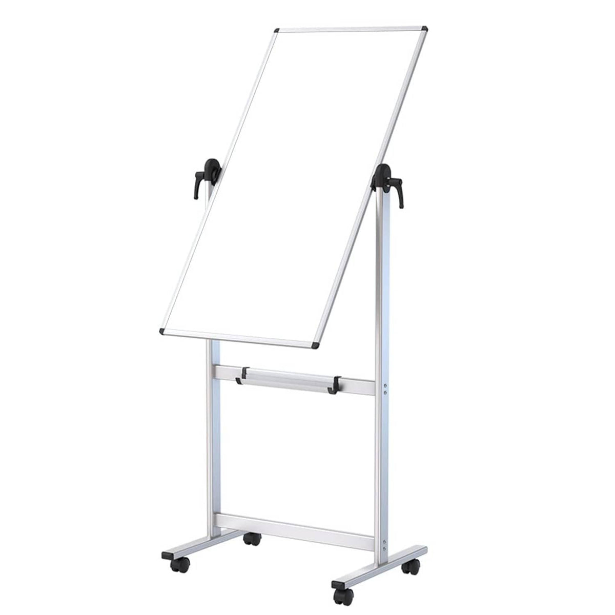 Mobile magnetic whiteboard with tilt stand and caster wheels.