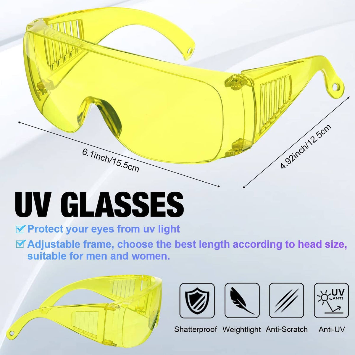 Yellow UV safety glasses with adjustable frame and side shields
