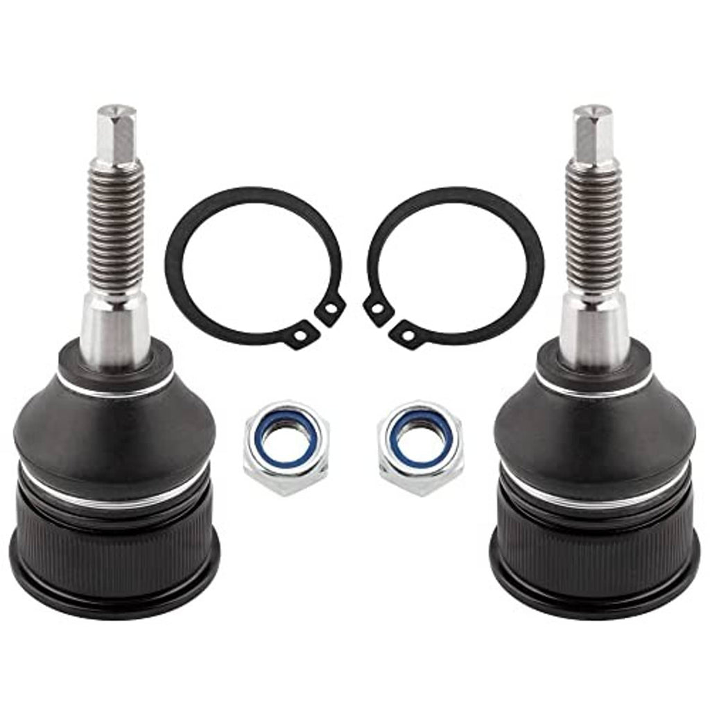 Pair front upper ball joints with black boots, chrome studs, blue-accent nuts and rings