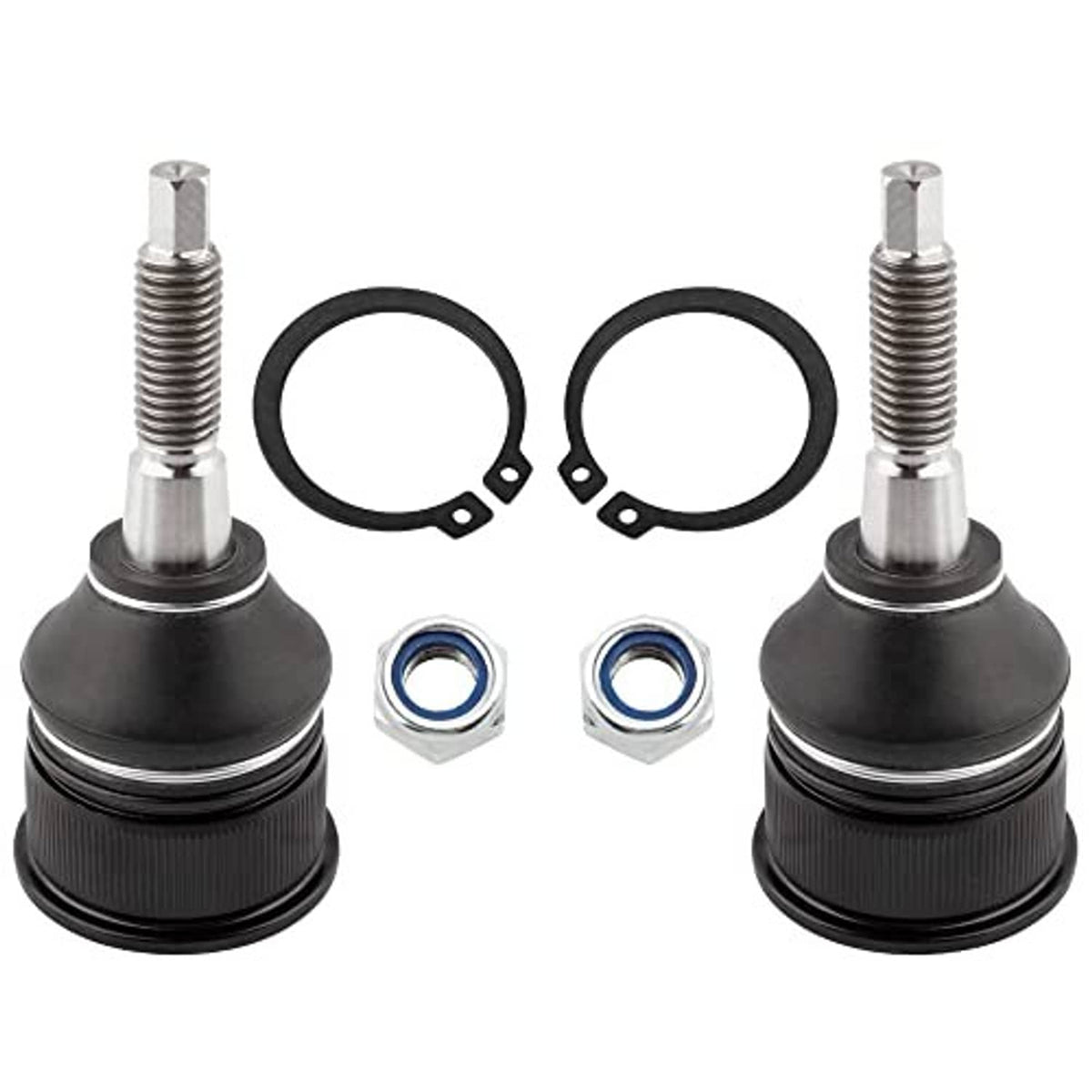 Pair front upper ball joints with black boots, chrome studs, blue-accent nuts and rings
