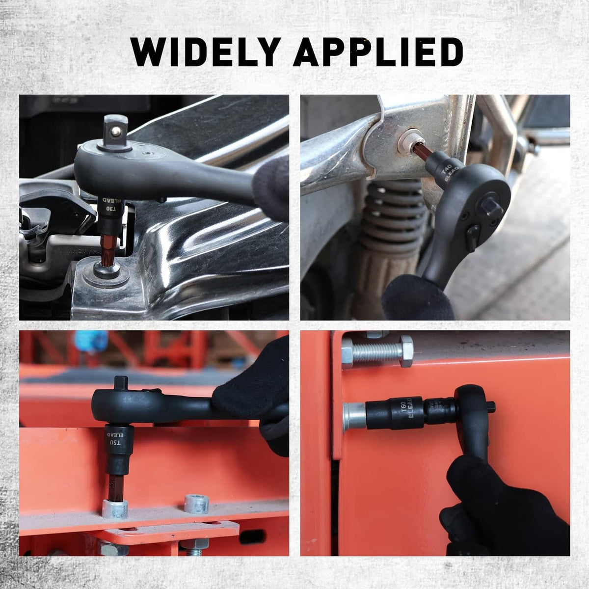 Torx bit sockets used on nuts and bolts with a black ratchet drive tool