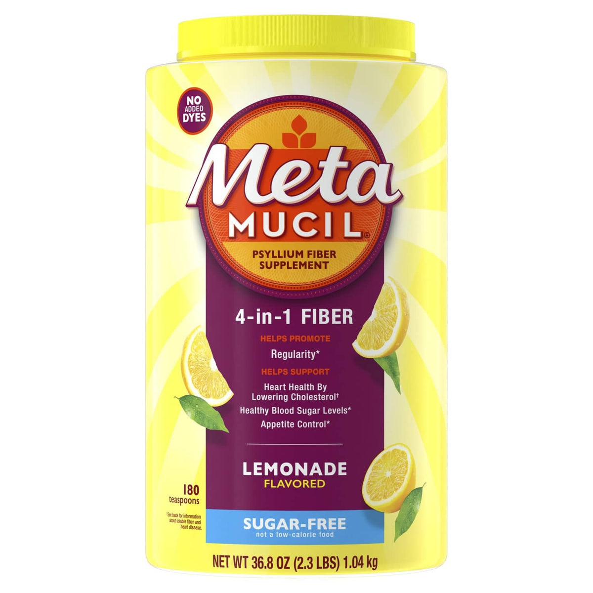 Metamucil 4-in-1 fiber supplement container, sugar-free lemonade flavor, 180 servings