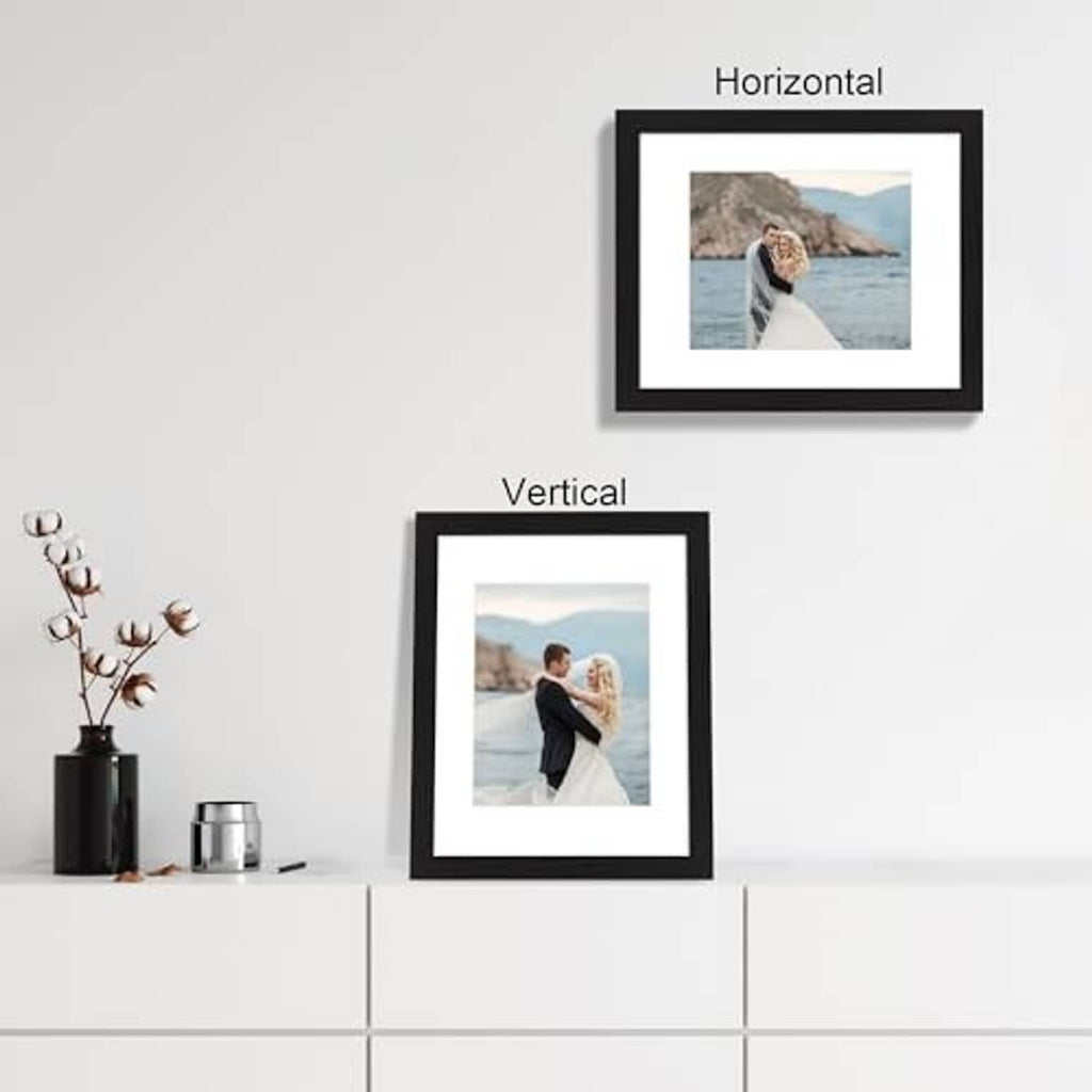 Black picture frame set of 4 showing horizontal and vertical hanging orientations
