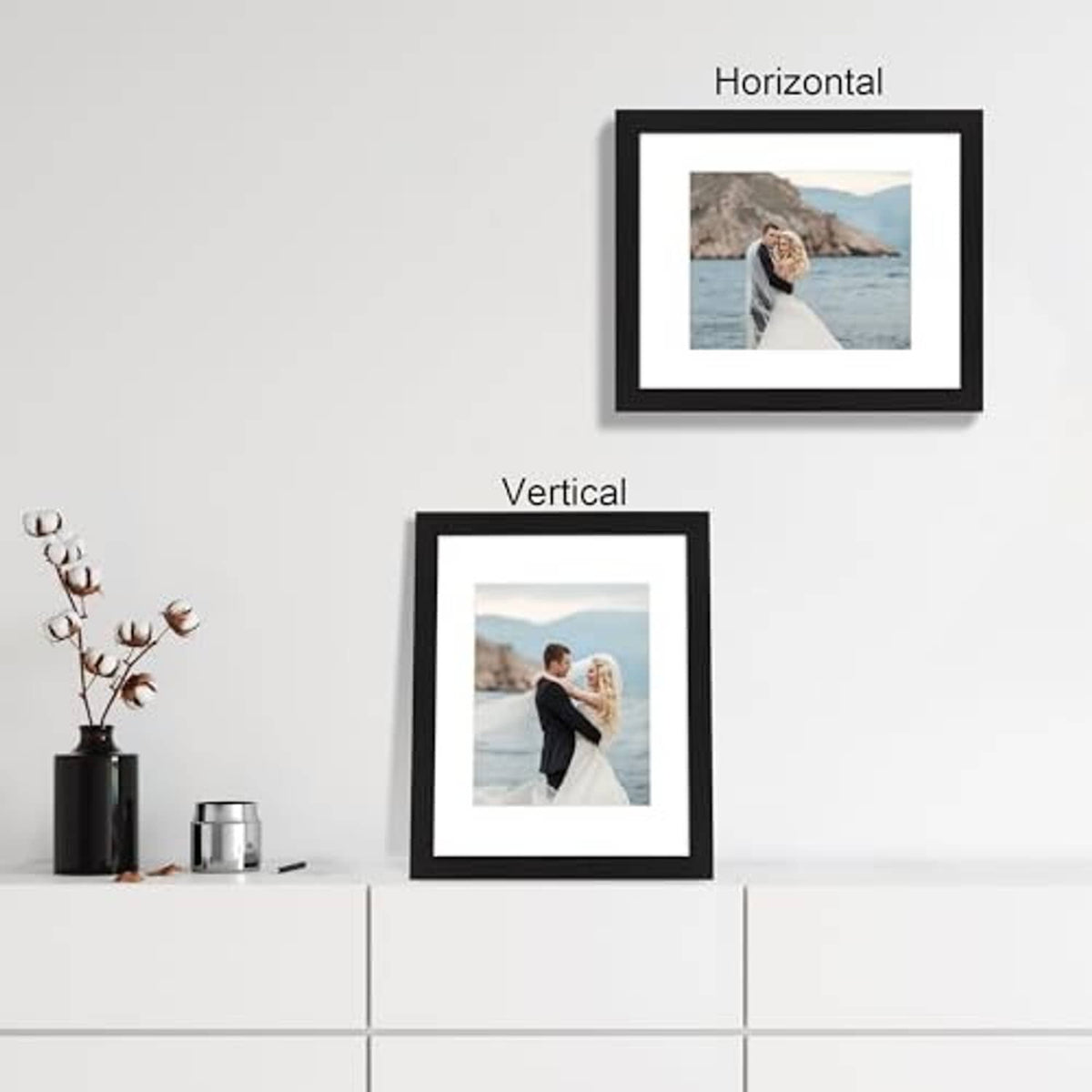 Black picture frame set of 4 showing horizontal and vertical hanging orientations
