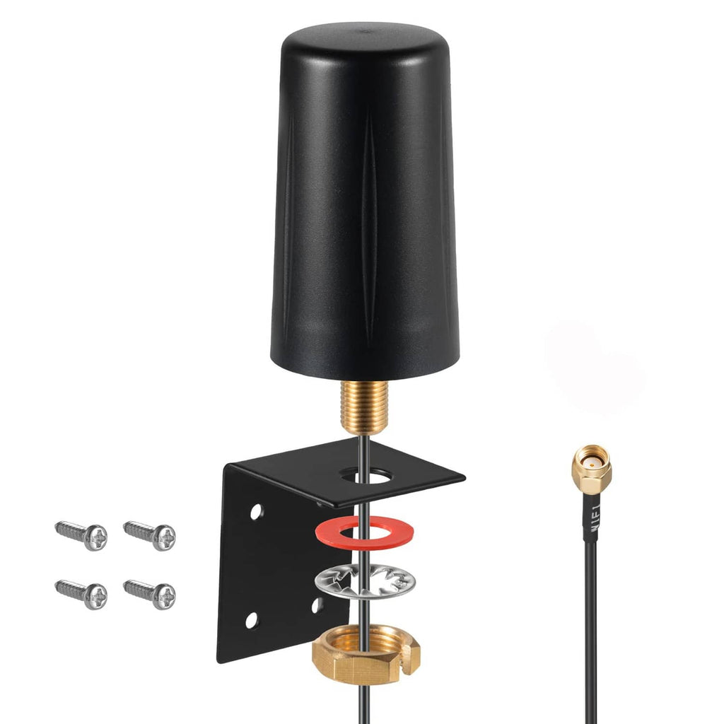 Black WiFi antenna with wall mount bracket and visible internal mounting hardware