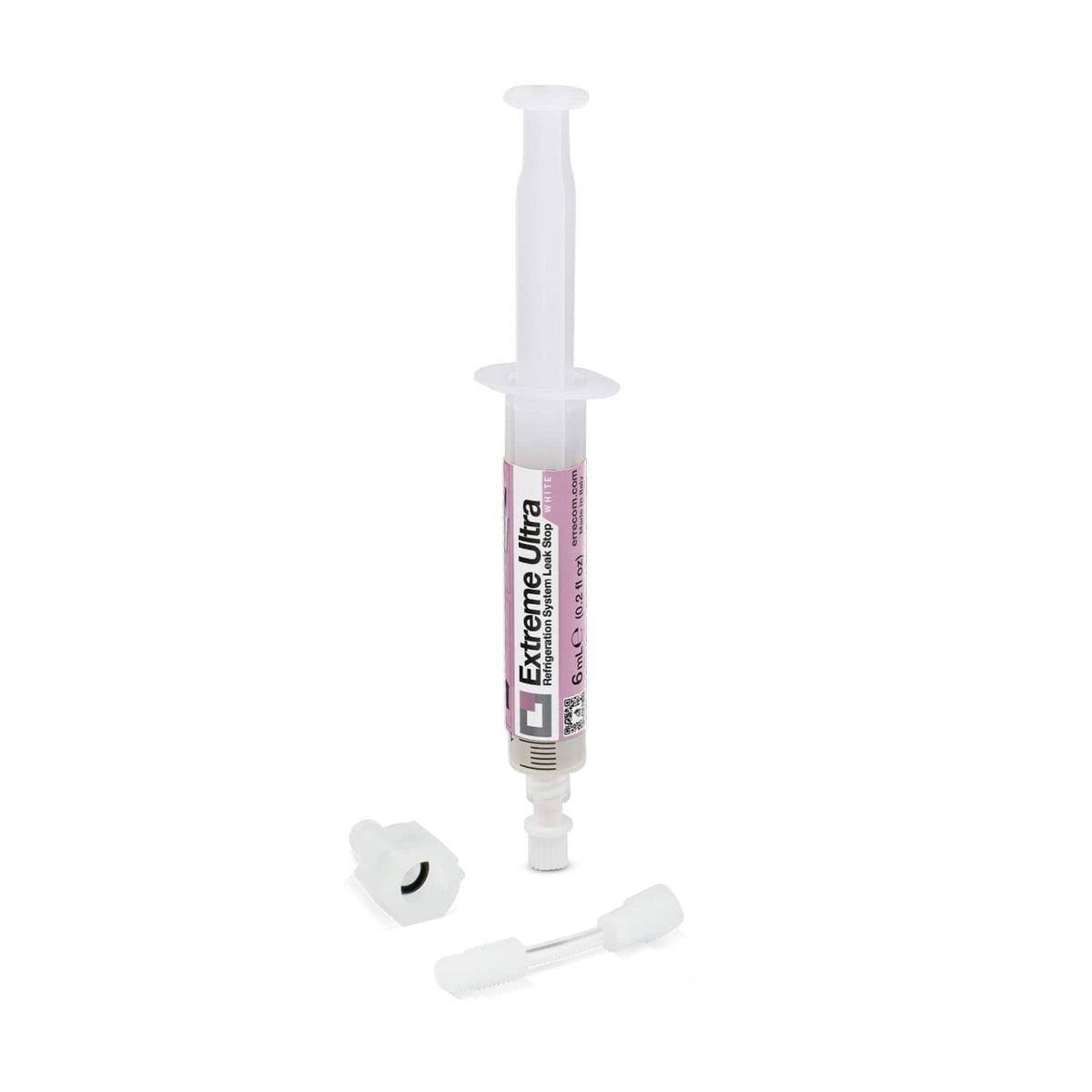 White sealant injector syringe with dispensing tip and small cap parts