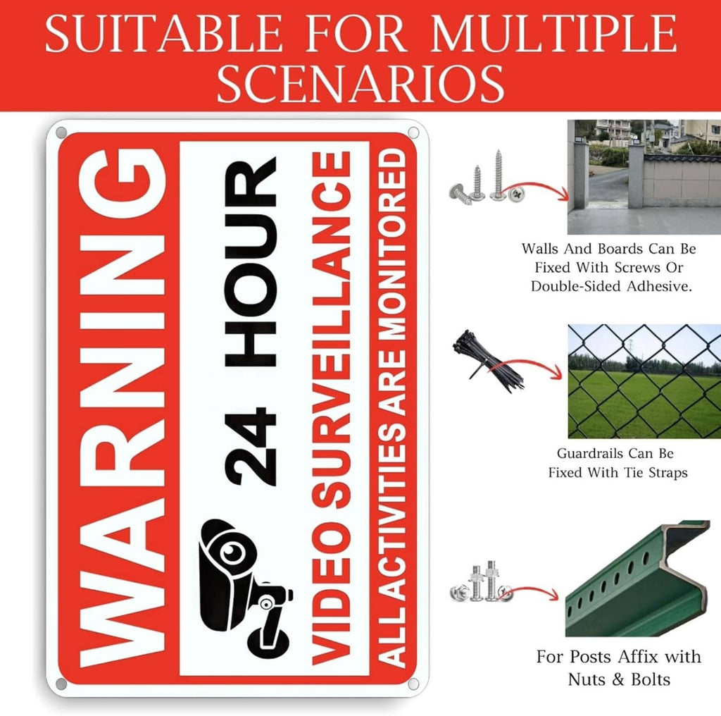 Red video surveillance warning sign with “24 hour” and “all activities are monitored”